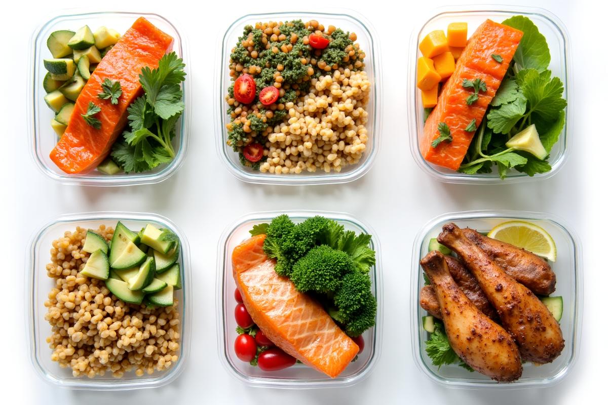 Variety of healthy meal prep containers showing different diet options